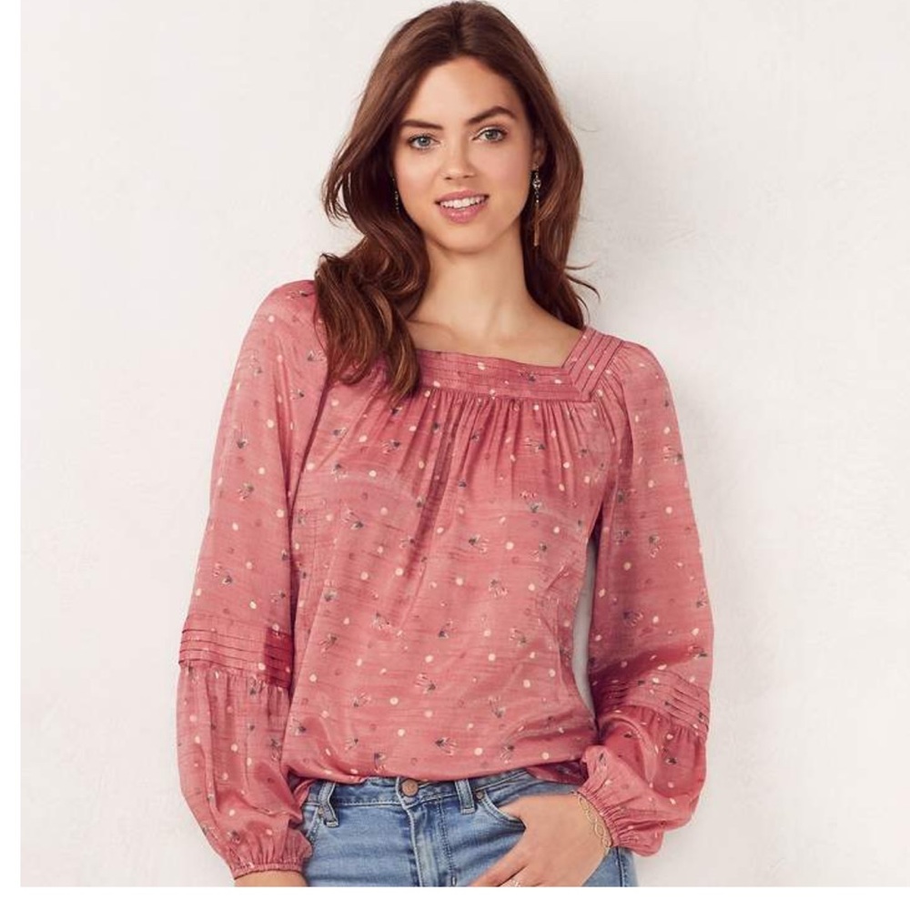 LAUREN CONRAD Shirred Dot & Floral Peasant Top